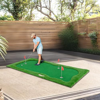 Premium Golf Putting Green Mat for Indoor & Outdoor, 3 Holes with Flags, Realistic Turf & Non-Slip Base, Practice Putting Mat with 6 Balls & Slope Pads - size: 9'10" x 4'11" (L x W)