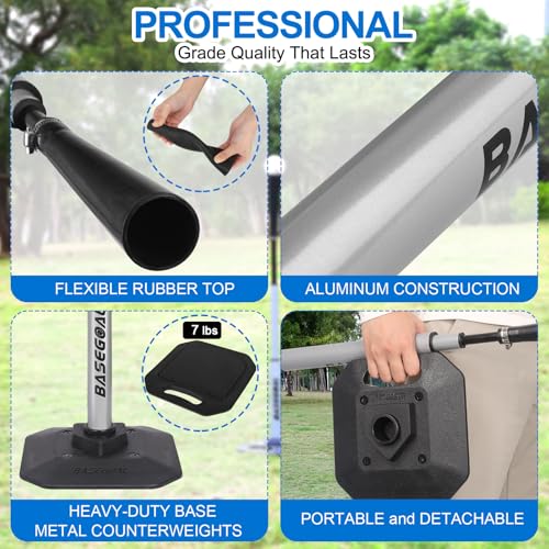 BaseGoal Baseball & Softball Batting Tee,Portable Hitting Tee,with Heavy Duty Base,Rolled Flexible Rubber Top,Adjustable Height for Kids or Adults - color: Gray Pro