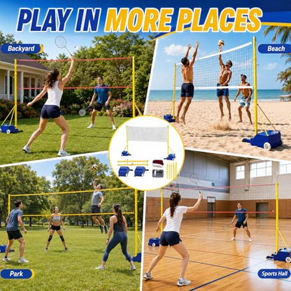 Backyard Volleyball Badminton Net Set, Portable Adjustable Net System with Built-in Wheels, Steel Poles & Fillable Base for Beach Lawn Park Games