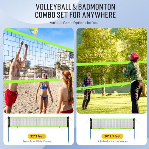 Portable Volleyball & Badminton Combo Net Set for Backyard Beach with 2 Nets (20ft and 32ft), Adjustable Poles, PU Volleyball, Aluminum Rackets and Carry Bag, Quick Setup & Durable