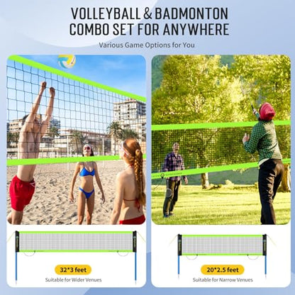 Portable Volleyball & Badminton Combo Net Set for Backyard Beach with 2 Nets (20ft and 32ft), Adjustable Poles, PU Volleyball, Aluminum Rackets and Carry Bag, Quick Setup & Durable