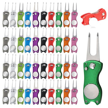 40 Pcs Golf Divot Repair Tool All-Metal Foldable Divot Tool with Magnetic Ball Marker & Pop-Up Button,Aluminum Handle, Stainless Steel Switchblade Bulk Golf Gifts/Accessories 10 Colors