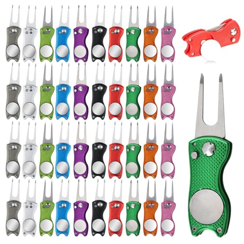 40 Pcs Golf Divot Repair Tool All-Metal Foldable Divot Tool with Magnetic Ball Marker & Pop-Up Button,Aluminum Handle, Stainless Steel Switchblade Bulk Golf Gifts/Accessories 10 Colors