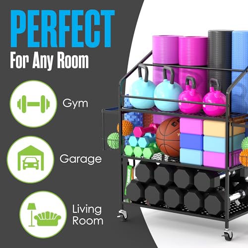 Houseables Workout Equipment Storage, Exercise Equipment Storage, Home Gym Organizer, Weight Rack for Home Gym, Kettlebell Rack, Weight Dumbbell Holder Cart, Yoga Organization Shelf, Rolling, 3 Tier