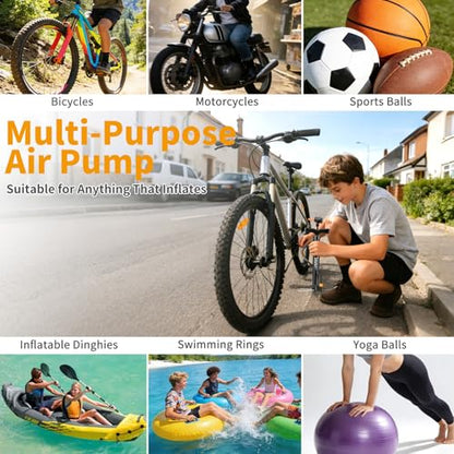 Floor Bike Pump Portable, Classic Bicycle Pump, Portable Bike Tire Pump with Dual Presta & Schrader Valves, Attached Ball Needles, Bike Air Pump for Bike Tires, Balls
