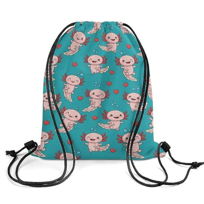 Drawstring Backpack Gym Sackpack Lightweight Waterproof String Bag for Sports Travel Yoga Beach Swimming, Men Women Unisex, Axolotls Hearts And Bubbles Green Bags - color: Picture (361)