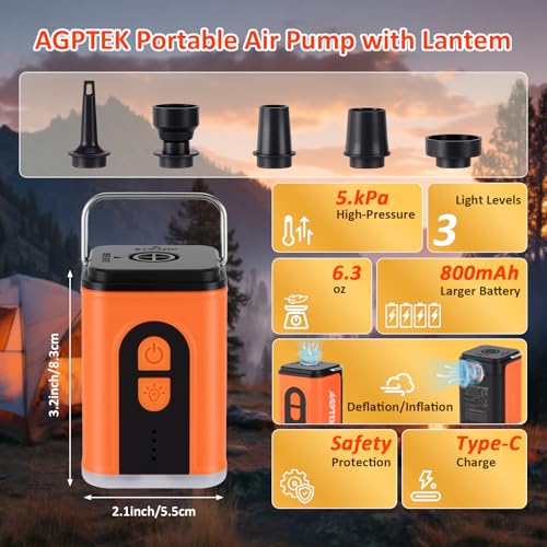 AGPTEK Portable Mini Air Pump for Inflatables, 180L/min Electric Inflator Deflator, USB-C Rechargeable Pump with 3-Mode LED Light for Air Mattress Pool Floats Sleeping Pad Vacuum Bags 0.58PSI