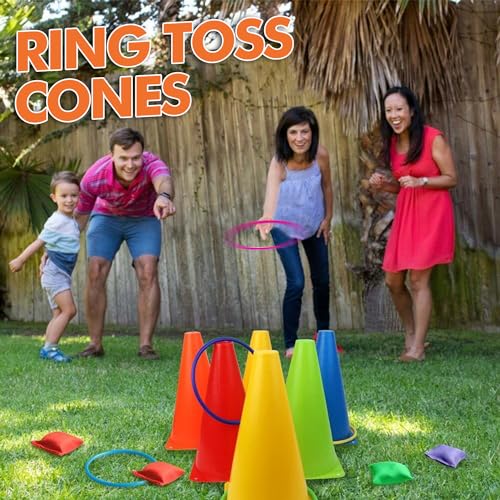 CircleCraft 31 Pcs. Plastic Cones and Rings Games Ring Toss Games for Adults, Carnival Games for Kids, Bean Bag for Kids Games Birthday Party, Yard Game, Sports & Outdoor Game for Family Party