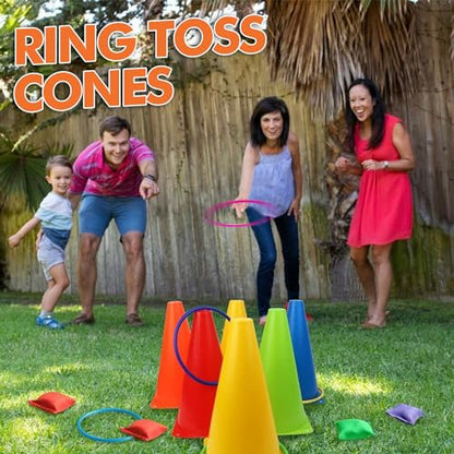 CircleCraft 31 Pcs. Plastic Cones and Rings Games Ring Toss Games for Adults, Carnival Games for Kids, Bean Bag for Kids Games Birthday Party, Yard Game, Sports & Outdoor Game for Family Party