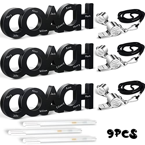 Amyhill 9 Pcs 2026 Graduation Gifts for Coach Football Soccer Coaches Gifts Thank You Coach Wood Sign Whistle Stainless Steel Whistle with Rope White Marker Pen for Men Women Sports Graduation Gift