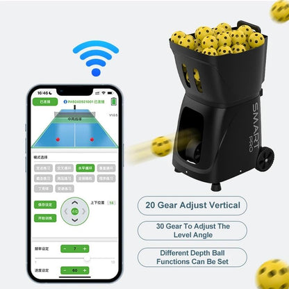 Smart Pro Pickleball Machine with App & Remote Control, Internal Oscillation, 28 Landing Points, 10 Training Modes, 12-75 MPH, 85+ Ball Capacity, 4-6H Battery - color: Black