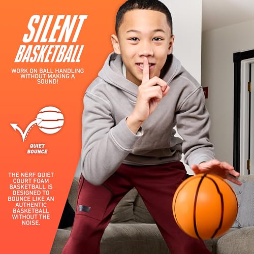 Nerf Quietcourt Silent Foam Basketball - Mini or Official Size Silent Dribbling Foam Basketball - Never Goes Flat - 7" or 29.5" - Orange - size: 7"