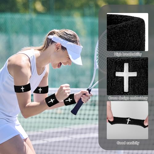 8 Pack Cross Embroidered Wrist Bands Bicep Bands Moisture Wicking, Machine Washable for Sports Stay Dry, Show Faith During Basketball, Football, Baseball, Gym, Running - color: Black