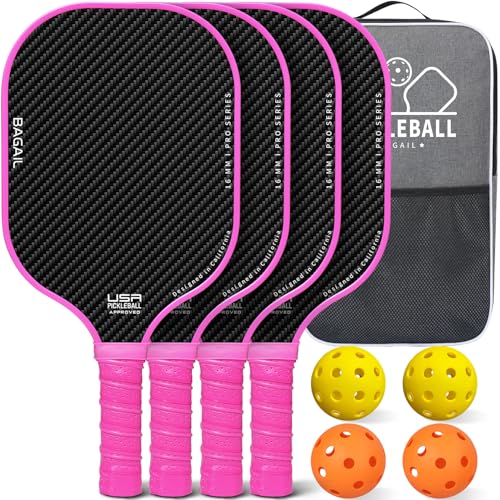 BAGAIL Pickleball Paddles, USAPA Approved Fiberglass Surface Pickleball Set, Lightweight Pickle Ball Rackets with 4 Balls, 1 Bag, Designed in California for Traction and Stability - color: Pink, size: 4-pack