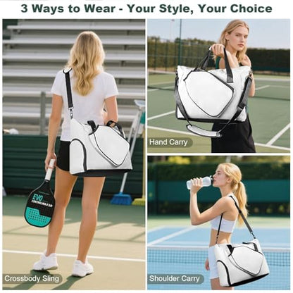 Pickleball Tote Bag with Shoe Compartment and Paddle Storage – Large Capacity Lightweight Pickleball Bag for Women & Men with Water Bottle Holder (White)