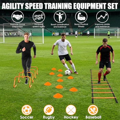 Soccer Agility Training Equipment Set, 20ft Speed Ladder, 12 Soccer Cones, 4 Hurdles, Running Parachute, Jump Rope, Basketball Football Soccer Training Equipment