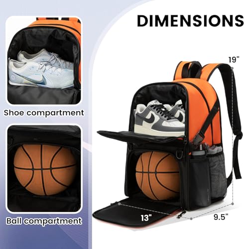 Basketball Bag Backpack with Ball Holder and Shoes Compartment,Best for Basketball, Soccer, Volleyball, Gym. (ORANGE) - color: Orange