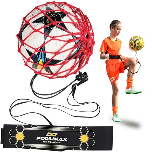 Hands-Free Soccer Kick/Throw Trainer, New Ball Locked Net Design, Adjustable Waist Belt & Cord Suit for All Levels (Fits Ball Size 3, 4, 5) - color: Red