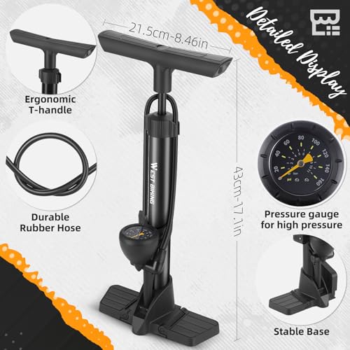 Bike Floor Pump, Bikes Pump with Gauge,Bicycle Air Pump with High Pressure 160 Psi, BikeTire Pump with Presta Schrader Valves，Portable Hand Pump Bike, Fits Road Bikes MTB E-Bike, Ball - color: Black
