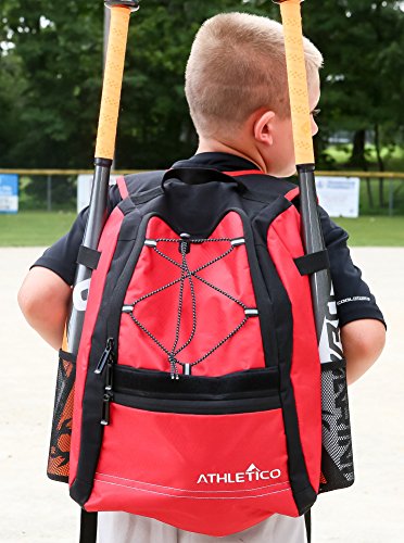 Athletico Youth Baseball Bag - Bat Backpack for Baseball, T-Ball & Softball Equipment & Gear | Holds Bat, Helmet, Glove | Fence Hook - color: Red
