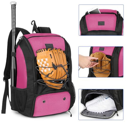 MATEIN Baseball Backpack, Softball Bat Bag with Shoes Compartment for Youth, Boys and Adult, Lightweight Baseball Bag with Fence Hook Hold TBall Bat, Batting Mitten, Helmet, Caps, Teeball Gear - color: Pink Black, size: 29L