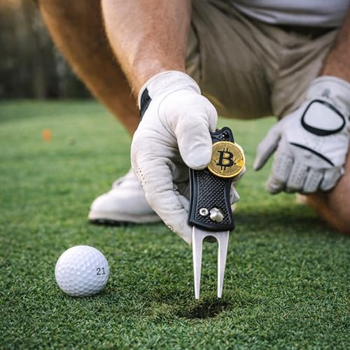 Bitcoin Golf Divot Repair Tool, All-Metal Golf Accessories - 3- in-1 Golf Multitool (Divot Tool, Ball Marker, Club Holder) | Foldable with with Pop-up Button & Magnetic Ball Marker