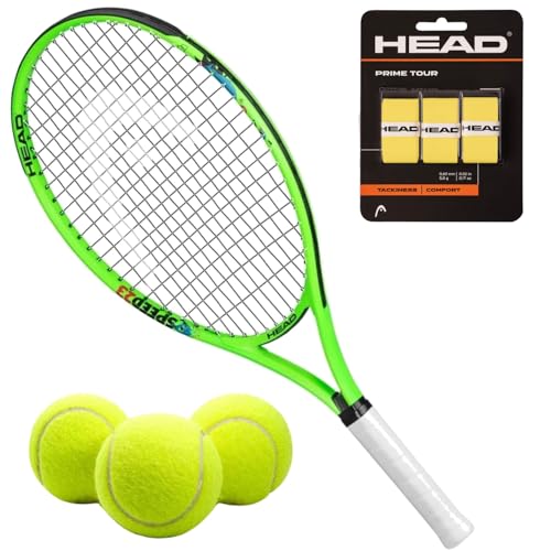Head Speed 23 Inch Junior Tennis Racquet Bundled with Balls and Overgrips in Your Choice of Color – Optional Tennis Bag