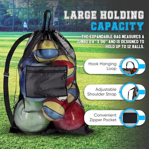 Handy Laundry Mesh Ball Bag - Up to 15 Balls Large Capacity Sports Equipment Bag Carrier with Adjustable Strap and Drawstring Closure - For Soccer, Basketball, Volleyball - size: 24 x 36