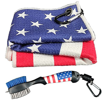 Golf Club Brush and Amercian Flag Golf Towels, Golf Groove Cleaner Cleaning kit, Golf Accessories Cleaner Tool with Strong Magnet Stick to Golf Clubs or Bag - color: Towels and Brush