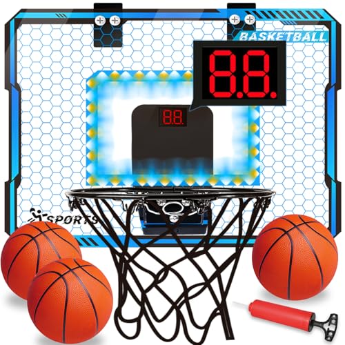 NEUBSAW Basketball Hoop Indoor with LED Lights, Basketball Toys Gifts for 5 6 7 8 9 10+ Year Old Boys Kids, Indoor Over The Door Mini Basketball Hoops with Electronic Scoreboard & 3 Balls - color: Blue