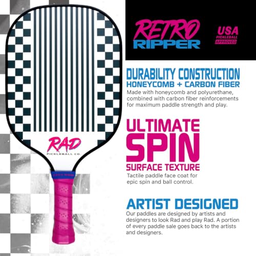 RAD Pickleball Paddle – USAPA Approved Pickleball Racket – Fiberglass Surface with Spin Grit Tech – Carbon Fiber Pickleball Paddle for Power & Control – Indoor & Outdoor - color: Hot Pink