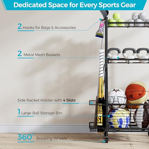 Sports Equipment & Toy Storage Rack with Wheels, 3-Tier Ball Organizer for Balls, Rackets & Sports Gear, Large Capacity with Racket Slots & Hooks, for Garage, Home Gym or Backyard – 17" W