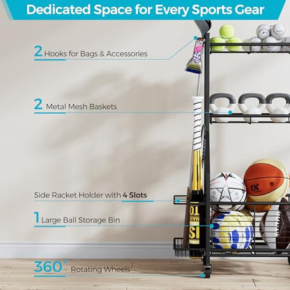 Sports Equipment & Toy Storage Rack with Wheels, 3-Tier Ball Organizer for Balls, Rackets & Sports Gear, Large Capacity with Racket Slots & Hooks, for Garage, Home Gym or Backyard – 17" W