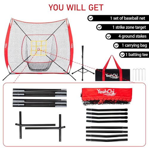 7x7 Ft Baseball and Softball Training Net with Batting Tee, Strike Zone Target, Portable Hitting and Pitching Practice Set - color: Red