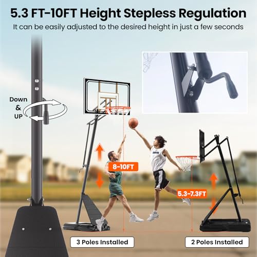 BACKYARD BLITZ Basketball Hoop,5.3-7.3FT &8-10FT Adjustable Basketball Hoop Outdoor,44in&48in Backboard Portable Basketball Goal