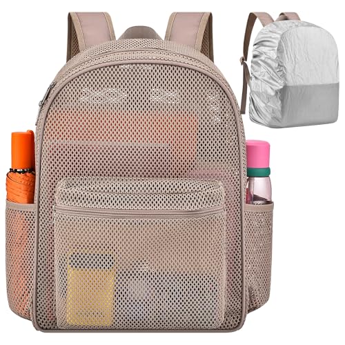 Oraben Heavy Duty Mesh Pack With Rain Cover See Through Backpack Mesh Backpack Bookbag Ideal for Class, Work, Travel, Beach Outings (Khaki) - color: Khaki