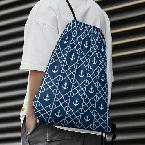 Large Capacity Beam Backpack Drawstring Sack for Basketball Sports Gear Travel Storage Men Women Unisex, Nautical Anchor Chevron Net Navy Bags