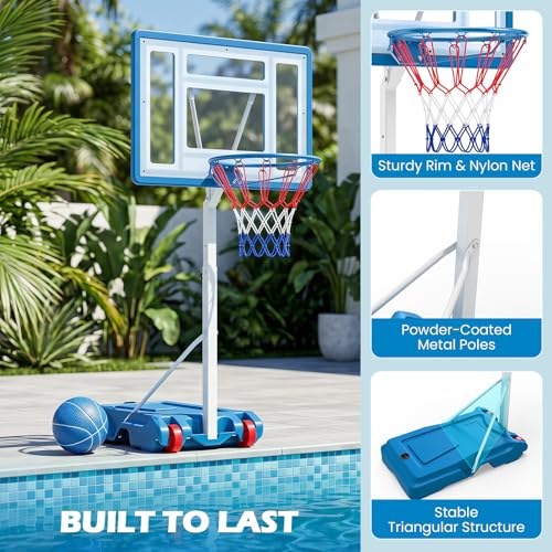 Goplus Pool Basketball Hoop, Poolside 3.3/3.6/3.9FT Adjustable Height Basketball Goal with 32" Shatterproof Backboard, Fillable Base, Wheels, Portable Pool Hoop for Outdoor