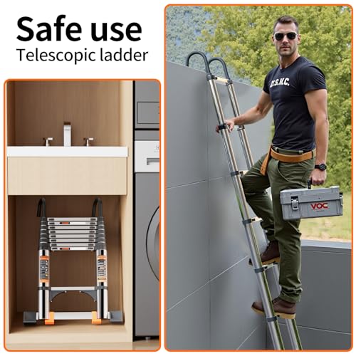 Telescoping Ladder,with Stable Hook and stabilizer barand,8.5FT Extension Ladder, Heavy Duty 330lbs Max Capacity, Multi-Purpose Collapsible Ladder for RV or Outdoor Work (2.6M/8.5FT) - size: 8.5 FT/2.6M
