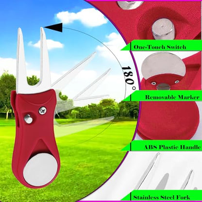 2 Pack Foldable Golf Divot Tool, Magnetic Turf Repair Tool with Spring Loaded Fork, Portable Golf Divot Repair Tool and Removable Ball Marker, for Repair Lawn Ball Marks,Mark Shots