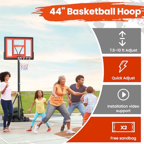 10FT Basketball Hoop Outdoor 44 Inch Backboard Portable Basketball Hoop with Extra Sandbag Adjustable Basketball Goal with Wheels and Stable Base for Youth Adults Court Backyard Driveway