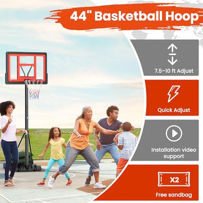 10FT Basketball Hoop Outdoor 44 Inch Backboard Portable Basketball Hoop with Extra Sandbag Adjustable Basketball Goal with Wheels and Stable Base for Youth Adults Court Backyard Driveway