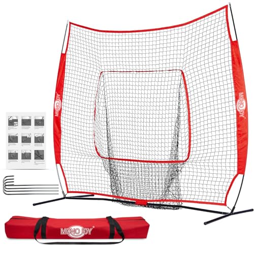 7x7ft Baseball Practice Net for Hitting & Pitching,Training Net with Big Strike Zone or Batting Tee & 9-Pocket Target, Heavy-Duty Softball Net with Carry Bag for Backyard, Indoor Outdoor Use - color: Red