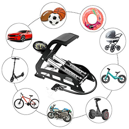 Double Barrel Pedal Pump, WEIDMAX Double Cylinder Bike Pump, Bicycle Foot Pump, Portable Bike Floor Air Pump, with Pressure Gauge and Intelligent Valve Head