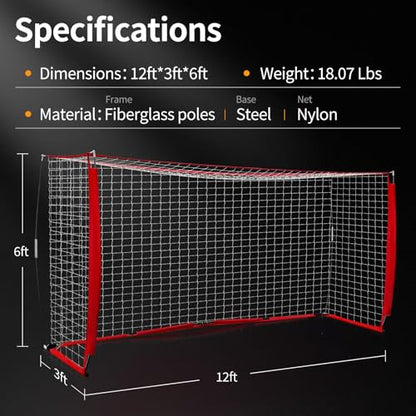 SHANTRA Soccer Goal, 12x6FT Easy Setup Soccer Goals for Backyard with Metal Base, Portable Soccer Net for Teens/Adults, Large Equipment for Training, Soccer Goal for Practice with Carry Bag