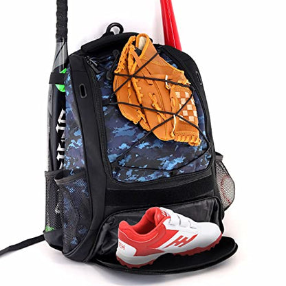 WOLT Youth Baseball Bag - Bat Backpack for Baseball, T-Ball & Softball Equipment & Gear, Bat & Glove Holder, Large Main Compartment for Helmet & accessories, Separate Shoes Compartment, Fence Hook - color: CamoBlue