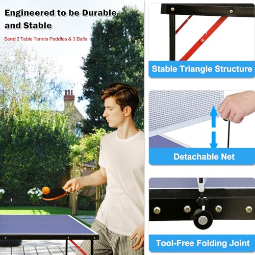 Table Tennis Table Mid-Size, Foldable Ping Pong Table Top Full Size with 2 Paddles, 2 Balls, 1 Net & 4 Wheels, Folding Table Tennis for Indoor & Outdoor, Quick Assembly to Support Multiplayer
