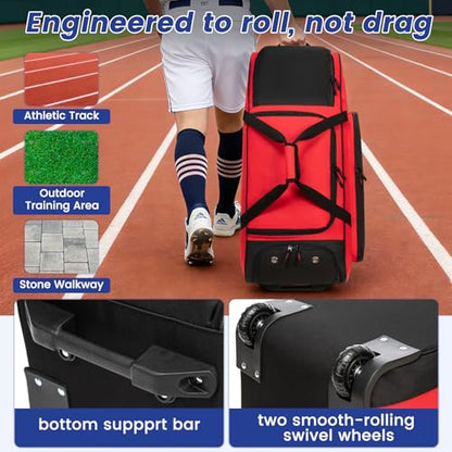 Rolling Baseball Catchers Gear Bag with Wheels, Large Baseball Softball Bag for 4 Bats with Shoe Compartment, Fence-Hooks and Multi-Pockets.