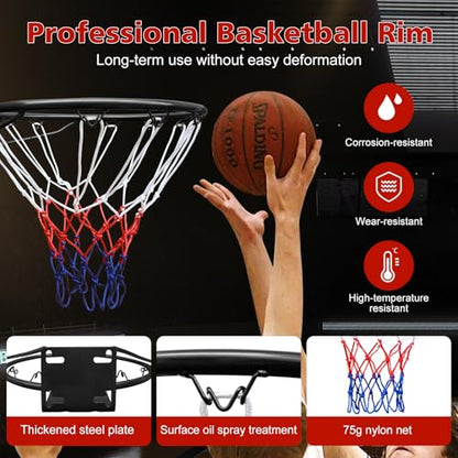 18" Basketball Rim Replacement, Wall Door Mounted Basketball Rim, Heavy Duty Basketball Flex Rim Goal Replacement with Net Fits In-Ground & Wall-Mounted Basketball Hoops, Indoor/Outdoor - color: Black