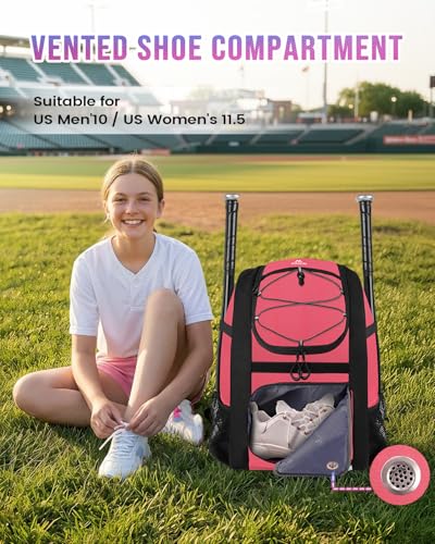 MATEIN Softball Bag, Lightweight Baseball Backpack with Shoe Compartment, Baseball Bag with Fence Hook for TBall Bat & Equipment, Softball Gifts Catchers Backpack for Women Fit Catcher’s Mitt, Helmet - color: Pink Black - Large